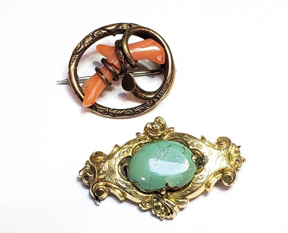 Victorian Brooch (2) Antique Victorian Brooches Coral & Turquoise Vermeil